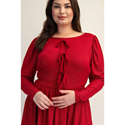 PLUS SIZE GLITTER KNIT FLARE DRESS WITH BOW DETAILS