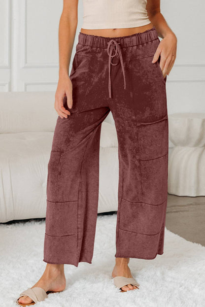 Mineral Wash Lace-up High Waist Raw Hem Patched Pocket Pants