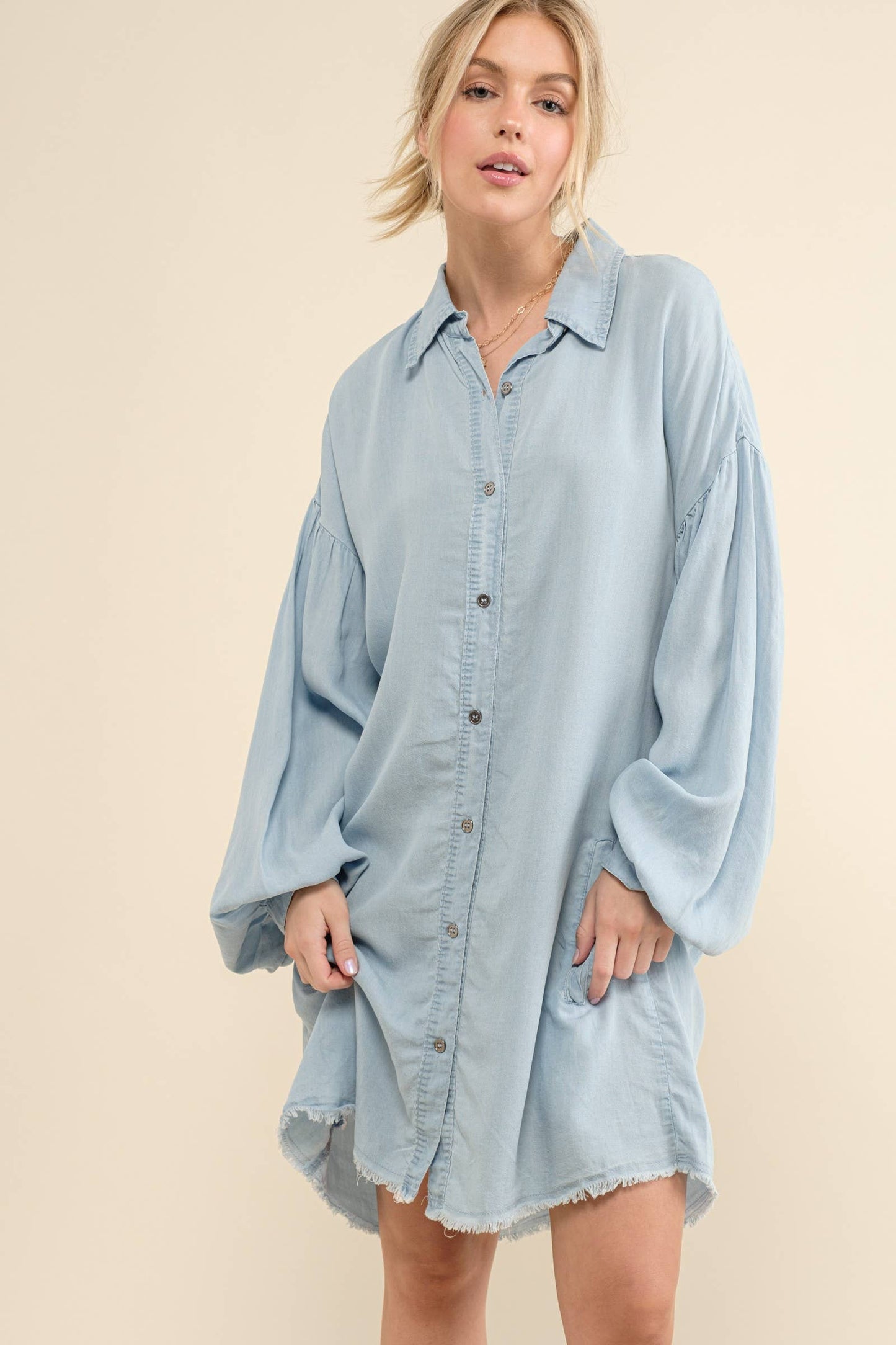 Raw Edge Hem Chambray Casual Dress