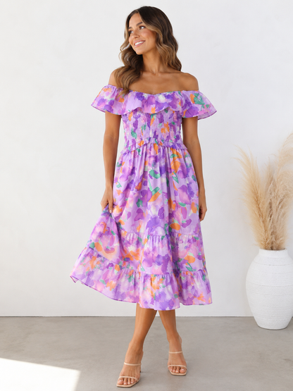 💜 Lavender Skies Off-the-Shoulder Midi Dress