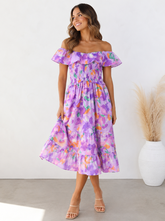💜 Lavender Skies Off-the-Shoulder Midi Dress
