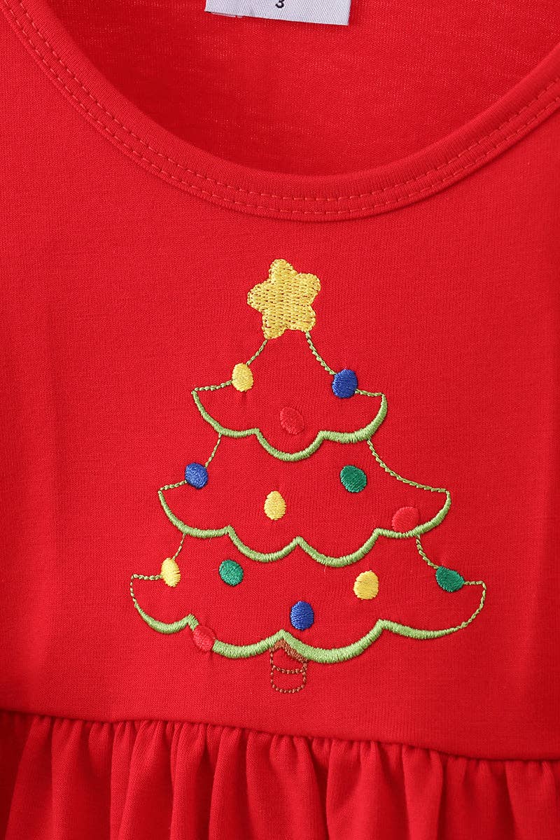 Red tree embroidery plaid bow pants set