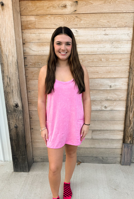 ACID WASHED MINI DRESS WITH BUILT-IN ROMPER LINER