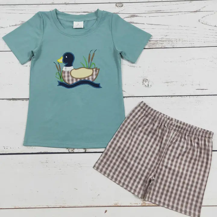 Boys Checkered Duck Appliqué Top Shorts Set