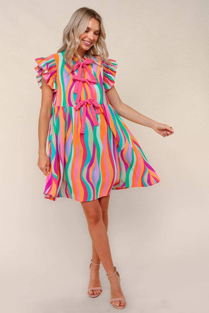 Plus Multicolor Dress W/ Cute Bow Tie Front