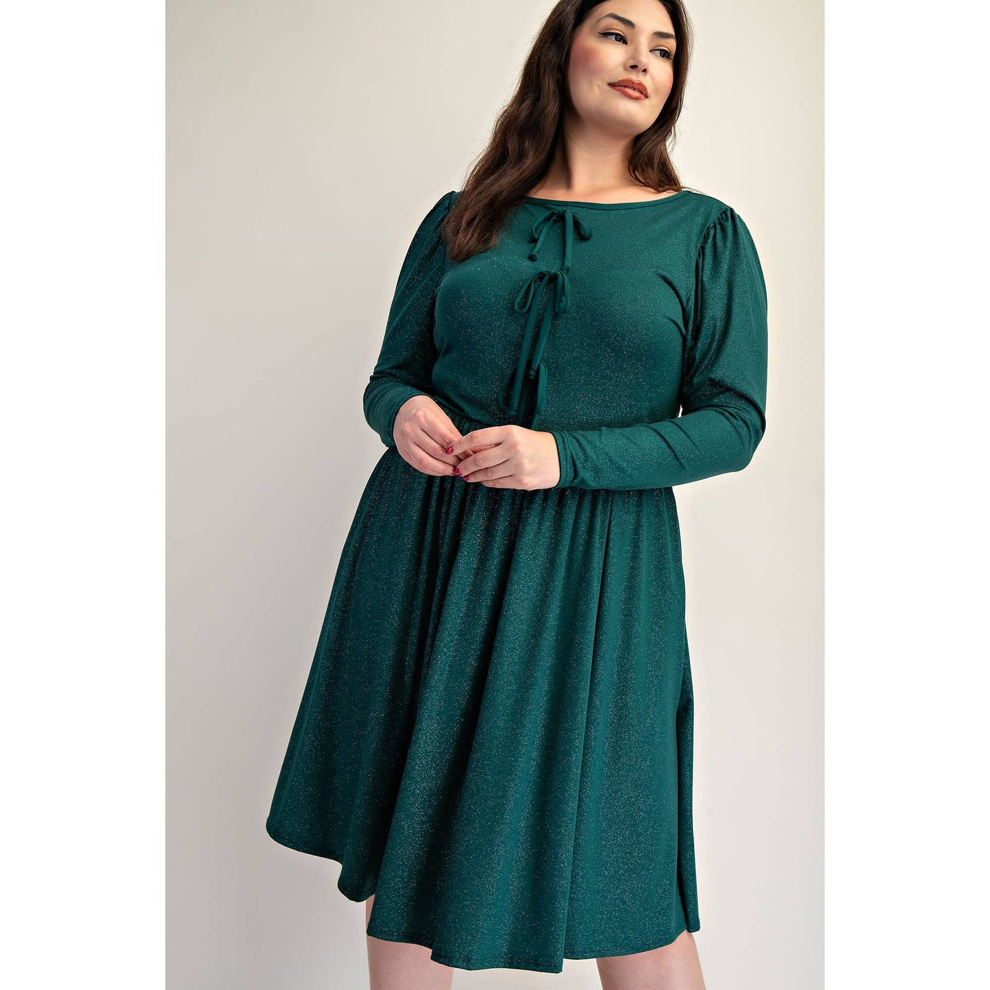 PLUS SIZE GLITTER KNIT FLARE DRESS WITH BOW DETAILS