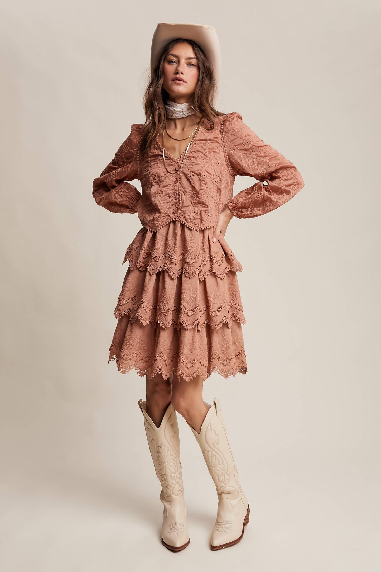 Tiered Scallop Embroidered Mini Dress