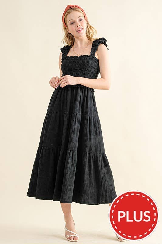 Plus Size Ruched Shoulder Strap Cotton Midi Dress