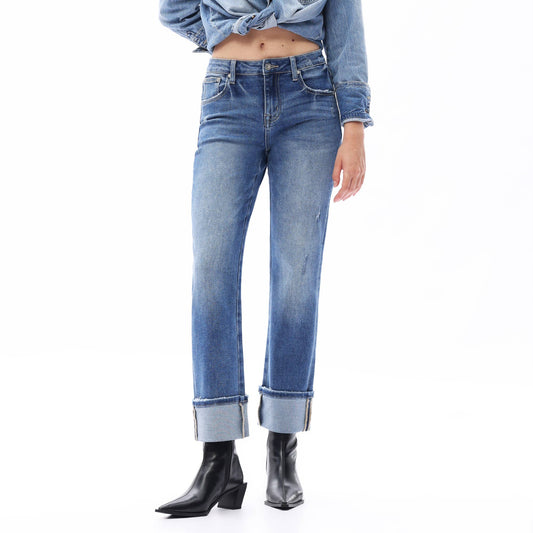 Mid Rise Cuffed Hems Straight Distressed Jeans OST5025