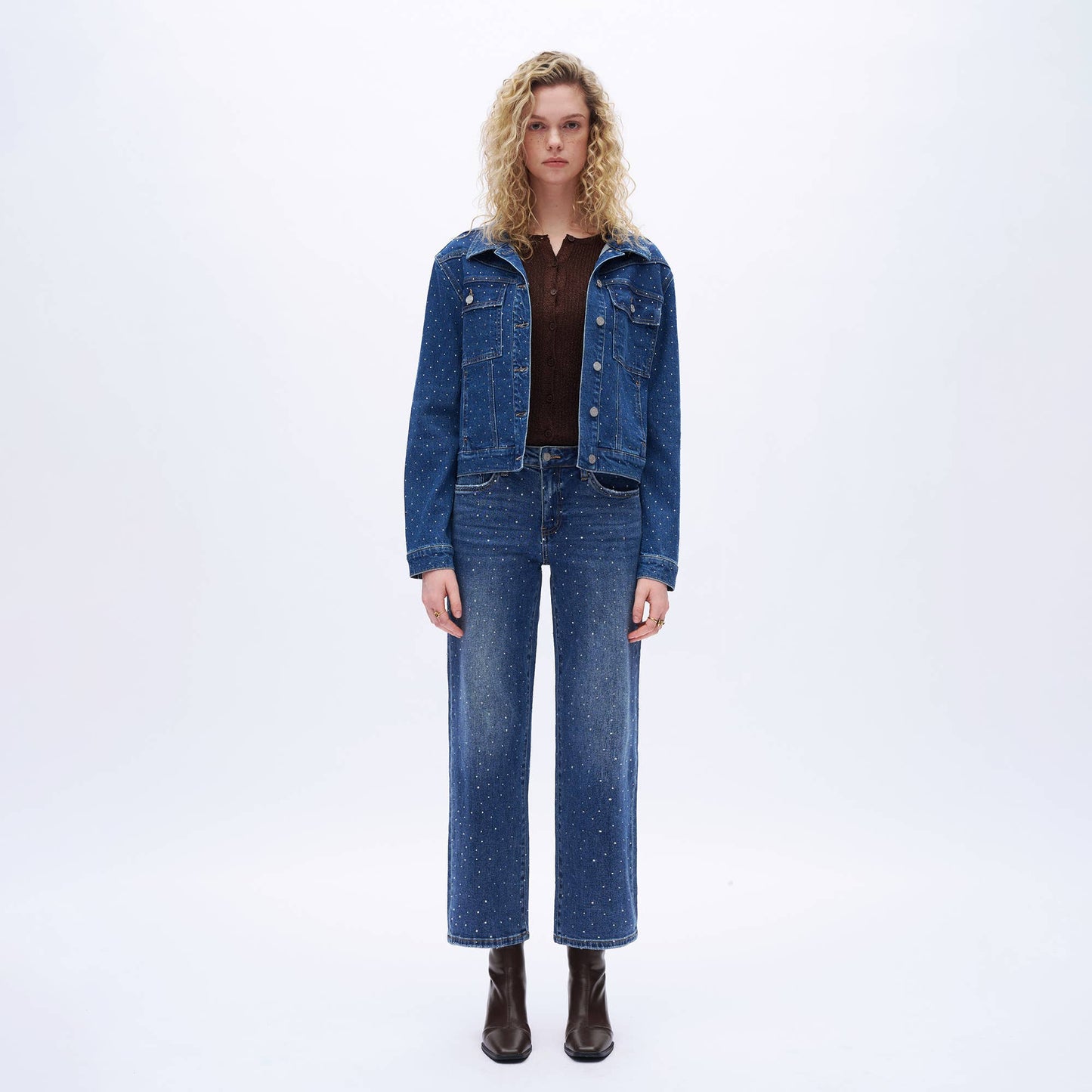High Rise Rhinestone Wide Leg Ankle Jeans for Women OSWM8008