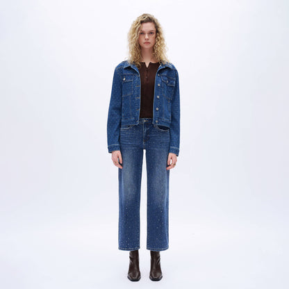 High Rise Rhinestone Wide Leg Ankle Jeans for Women OSWM8008