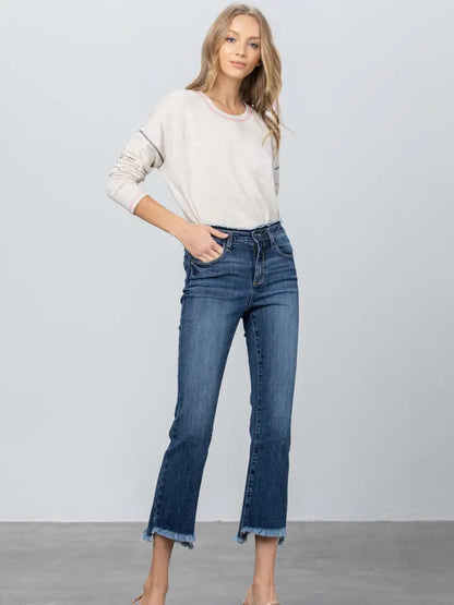High Rise Frayed Hem Crop Boot Flare Jeans