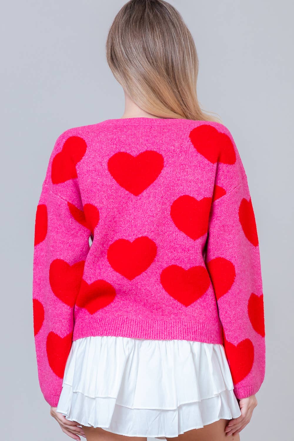 COZY PINK SWEATER WITH RED HEARTS & PEARL DETAILS