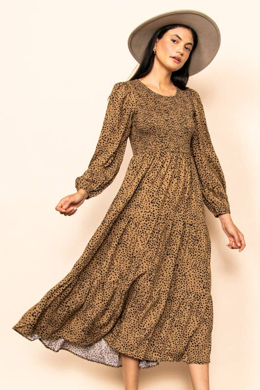 Smocked Chest Wide Flare Tiered Midi Dress w Pockets