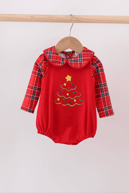 Red tree embroidery plaid bubble set