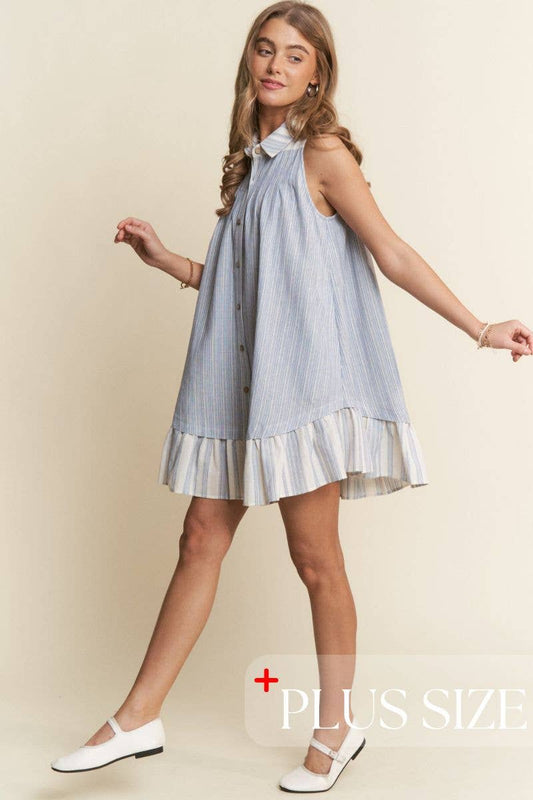Button Down A-Line Striped Mini Dress 1X-3X