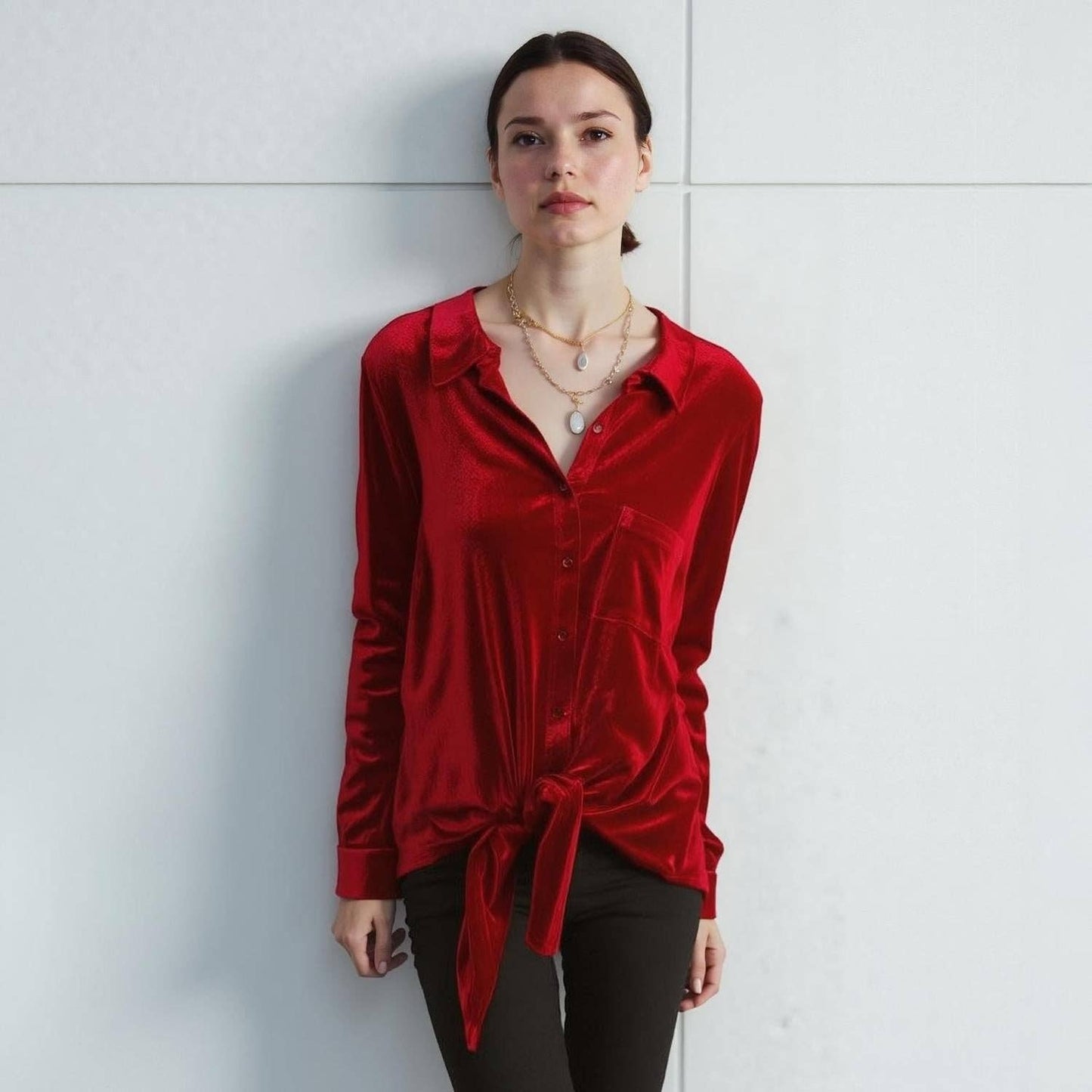 Pleione Women's Button Down Velvet Shirt Blouse in Red