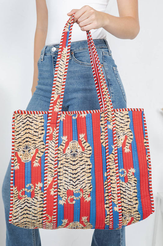 Reversible Quilted  Tote Bag Tiger Red/Blue