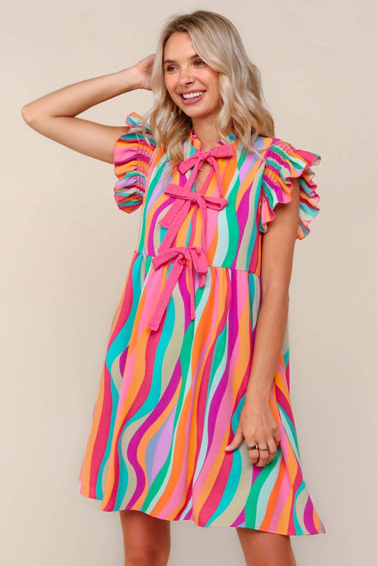 Plus Multicolor Dress W/ Cute Bow Tie Front