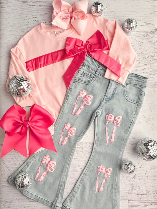 Pink Bow Top & Bell Bottom Set