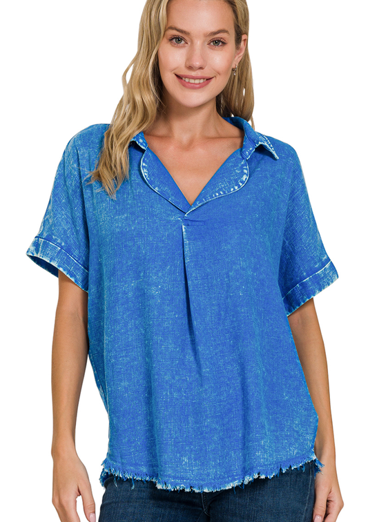 WASHED LINEN RAW EDGE VNECK SHIRT