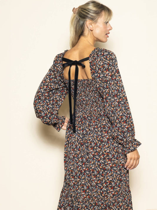 Velvet Back Tie Long Sleeve Winter Midi Dress with Pockets