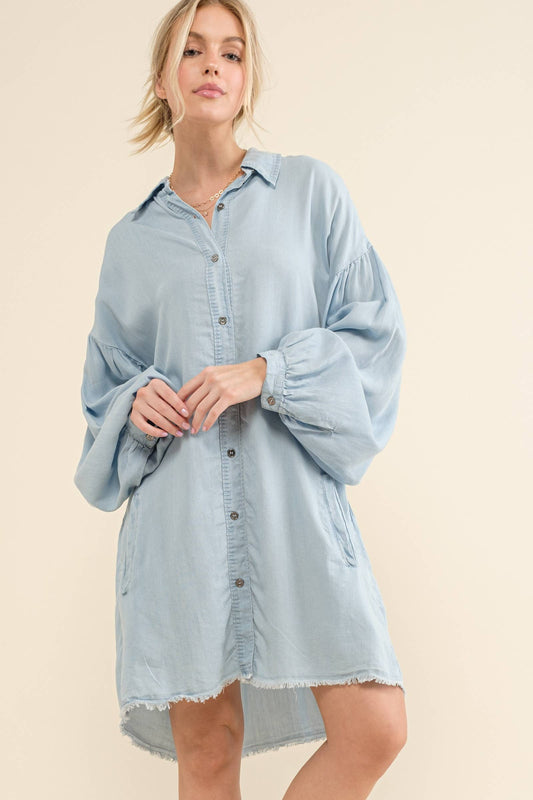Raw Edge Hem Chambray Casual Dress
