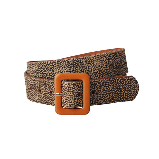 Spotted Print Calf Hair Belt with Rectangular Buckle