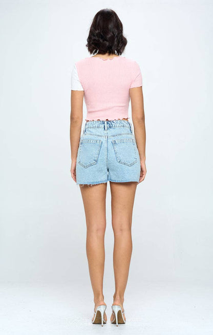 STRETCH HIGH RISE FREY HEM DENIM SHORTS