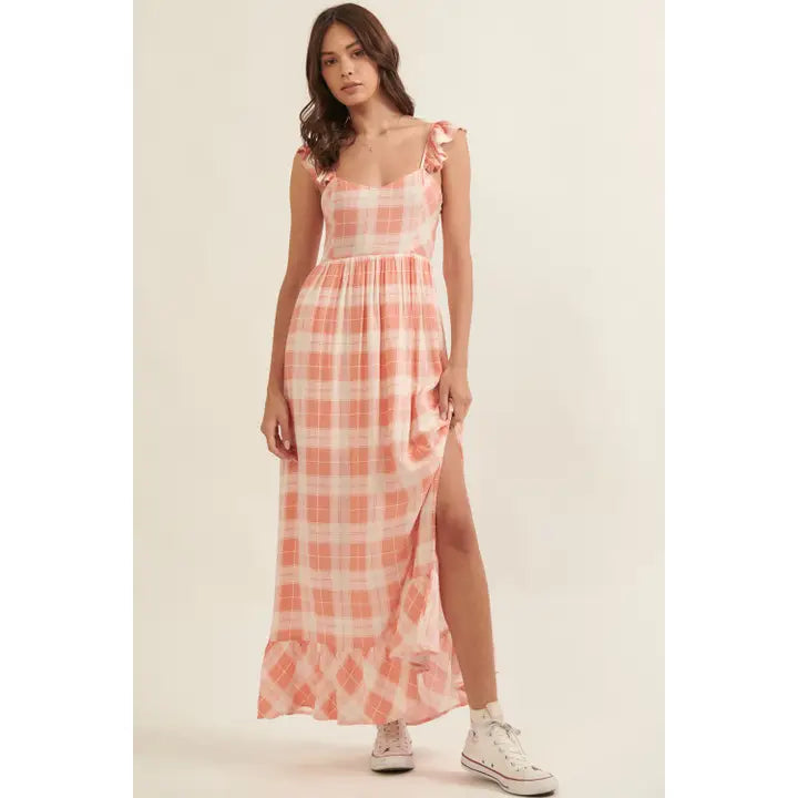 Plaid Sweetheart Sleeveless Open Back Maxi Dress : Coral