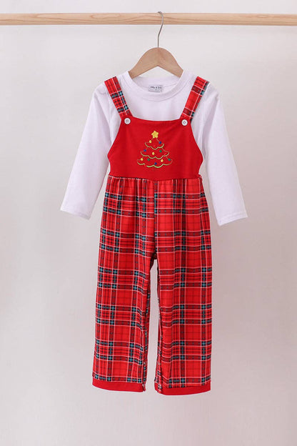 KIDS Red tree embroidery plaid jumpsuit set