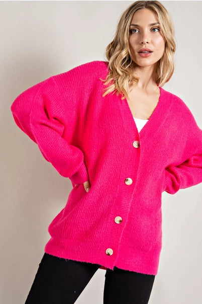 Button Down Sweater Cardigan: Fuchsia