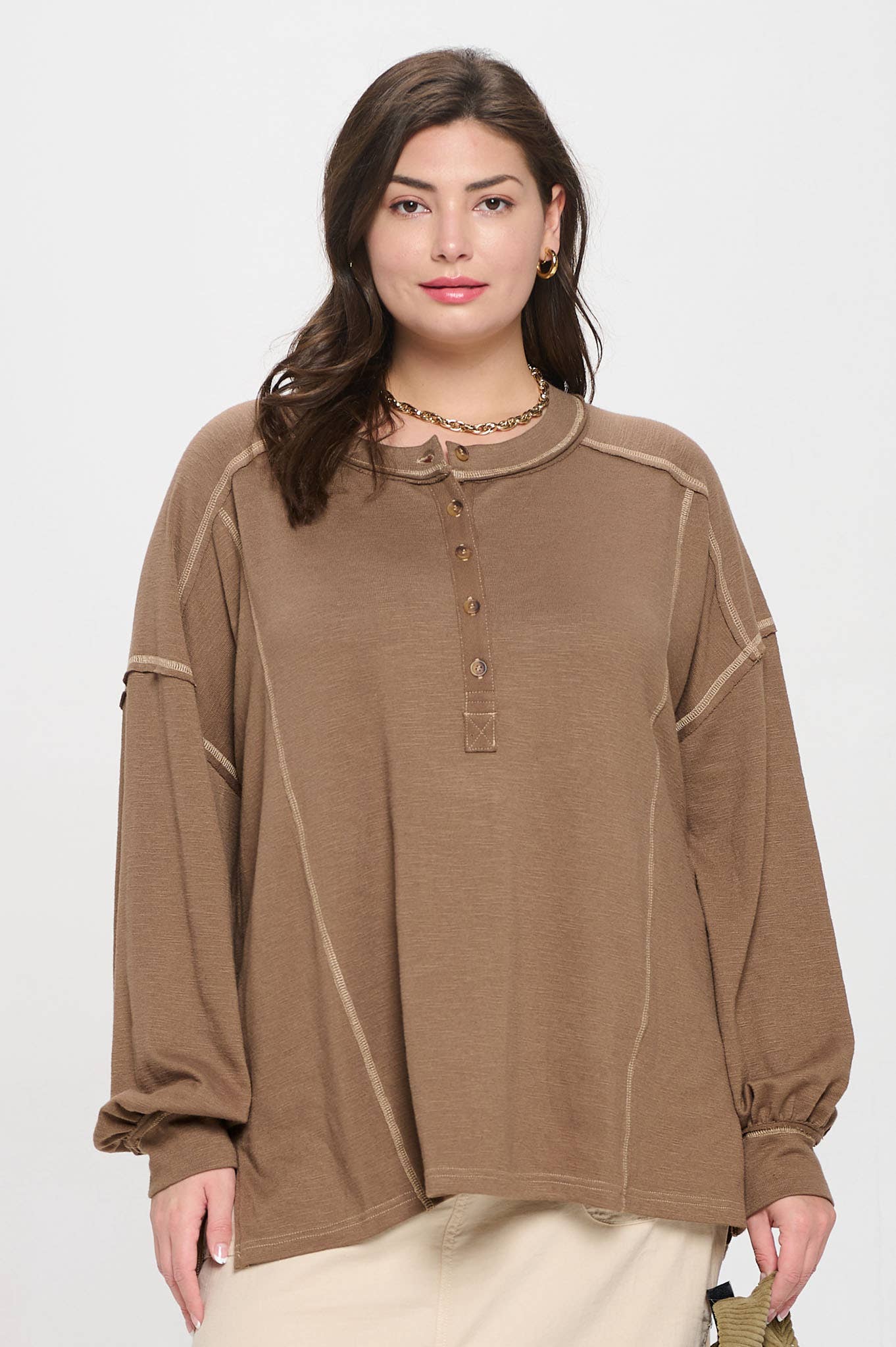 PLUS CONTRAST STITCH LONG SLEEVE HENLEY KNIT TOP