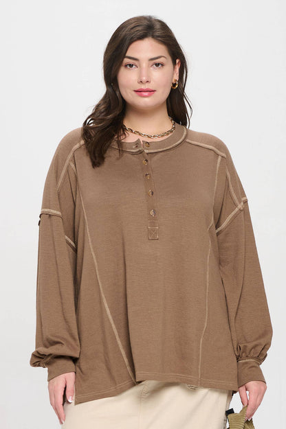 PLUS CONTRAST STITCH LONG SLEEVE HENLEY KNIT TOP