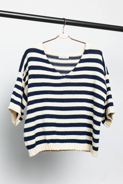 Striped Short Sleeve V-Neck Knit Top