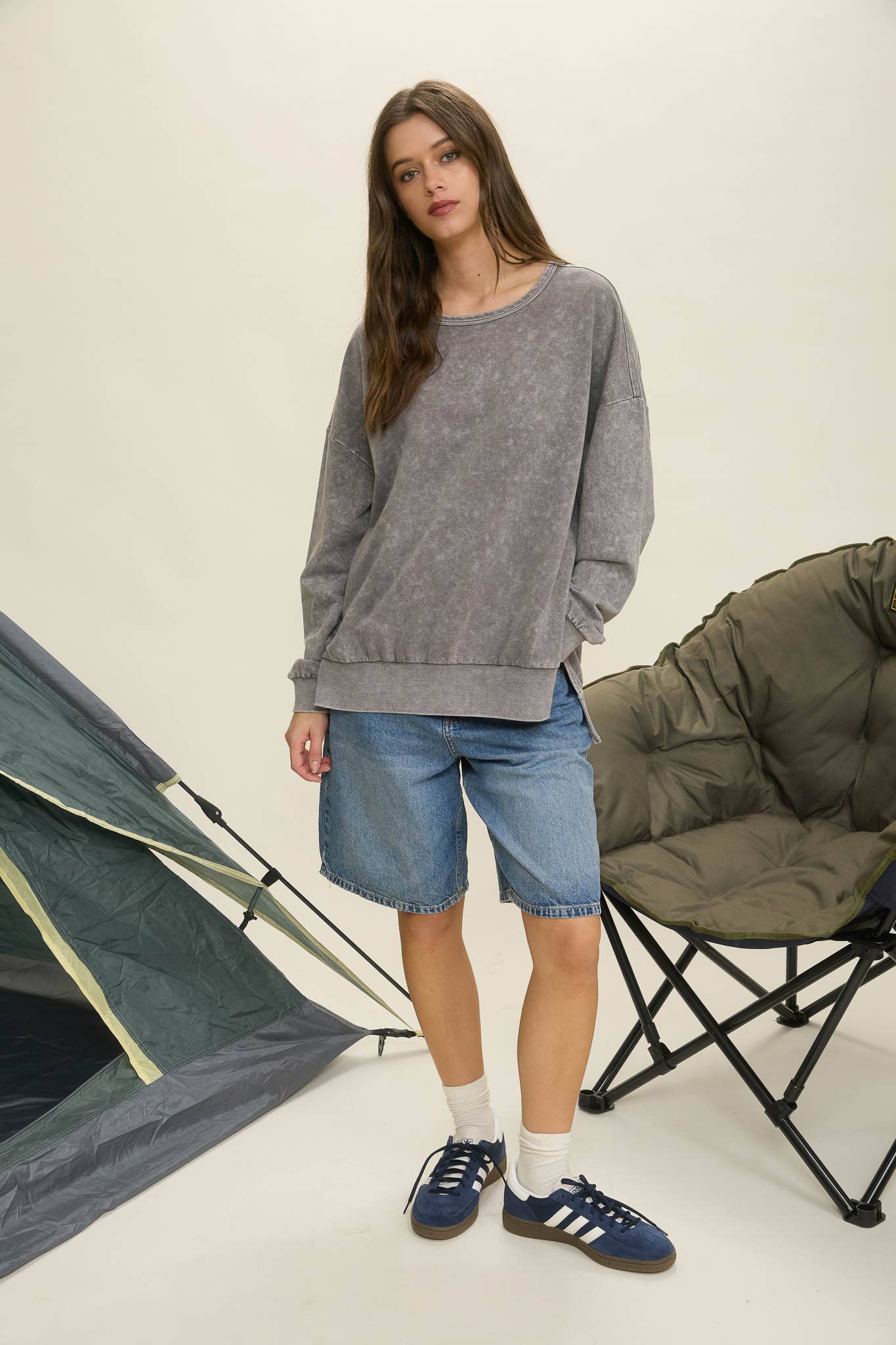 WASHED SIDE SPLIT LONG SLEEVE KNIT TOP