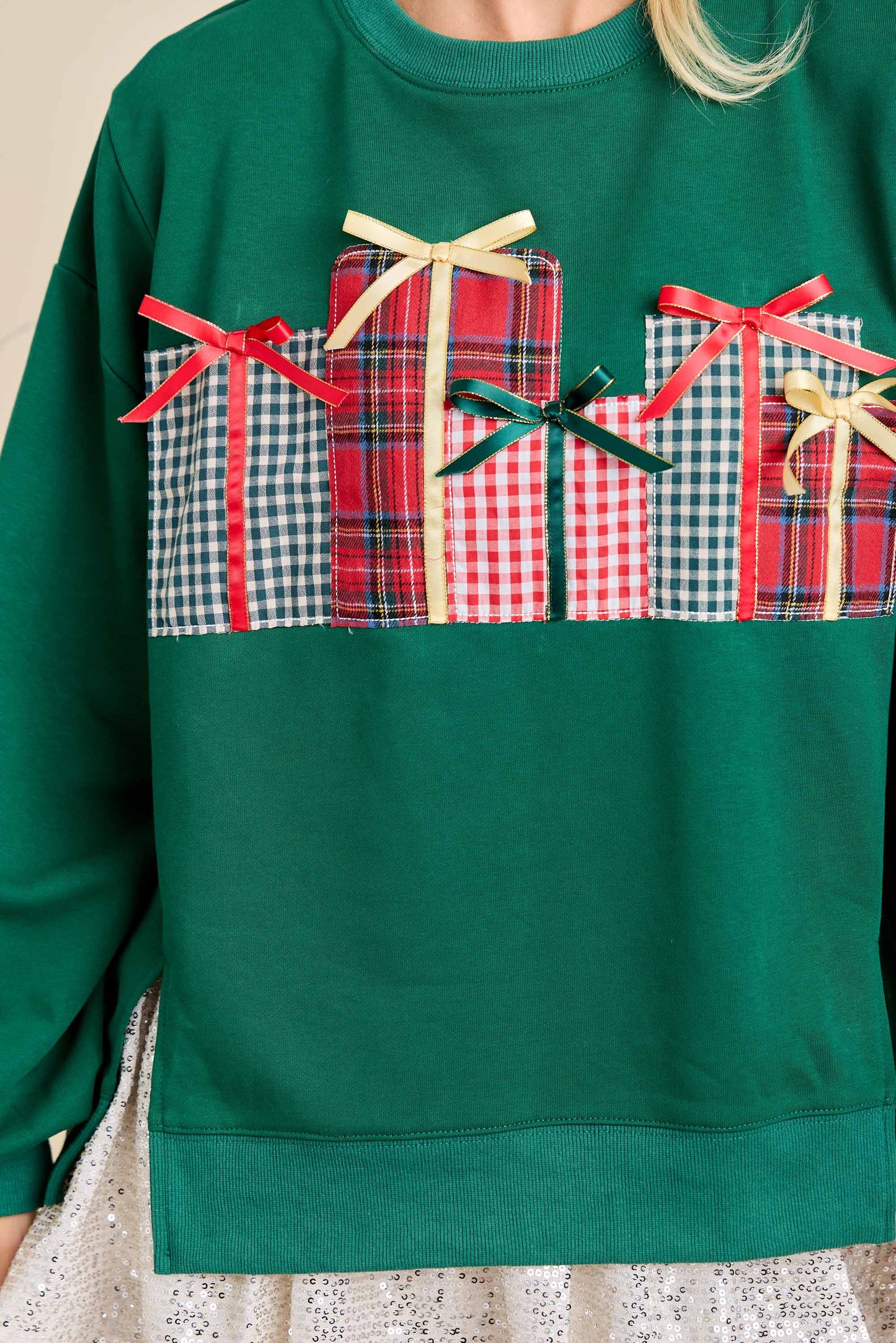 Christmas Sweatshirt Featuring Patchwork Gift box