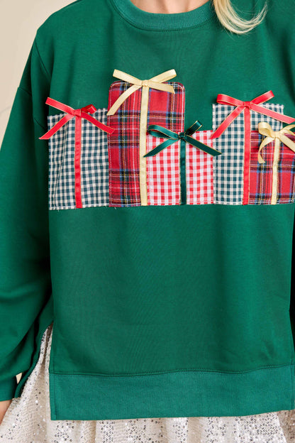 Christmas Sweatshirt Featuring Patchwork Gift box