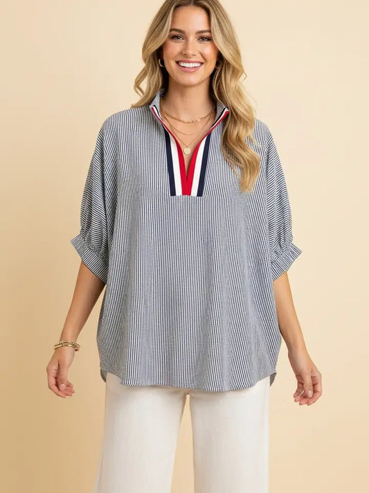 Pinstripe V-Neck Tunic Multi-Tone Contrast Collar