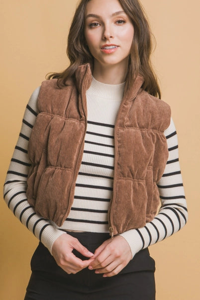 CORDUROY ZIP UP PUFFER VEST WITH POCKETS: Camel