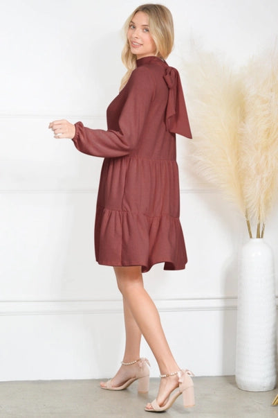 Cute Tie Neck Tiered Pocket Dress: Rosewood