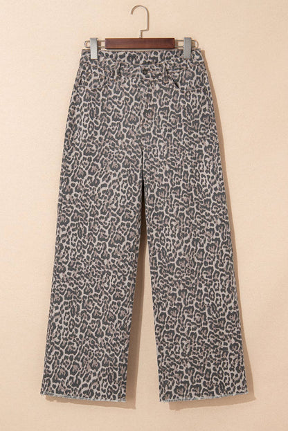 Brown Leopard Frayed Edge Wide Leg High Waist Jeans