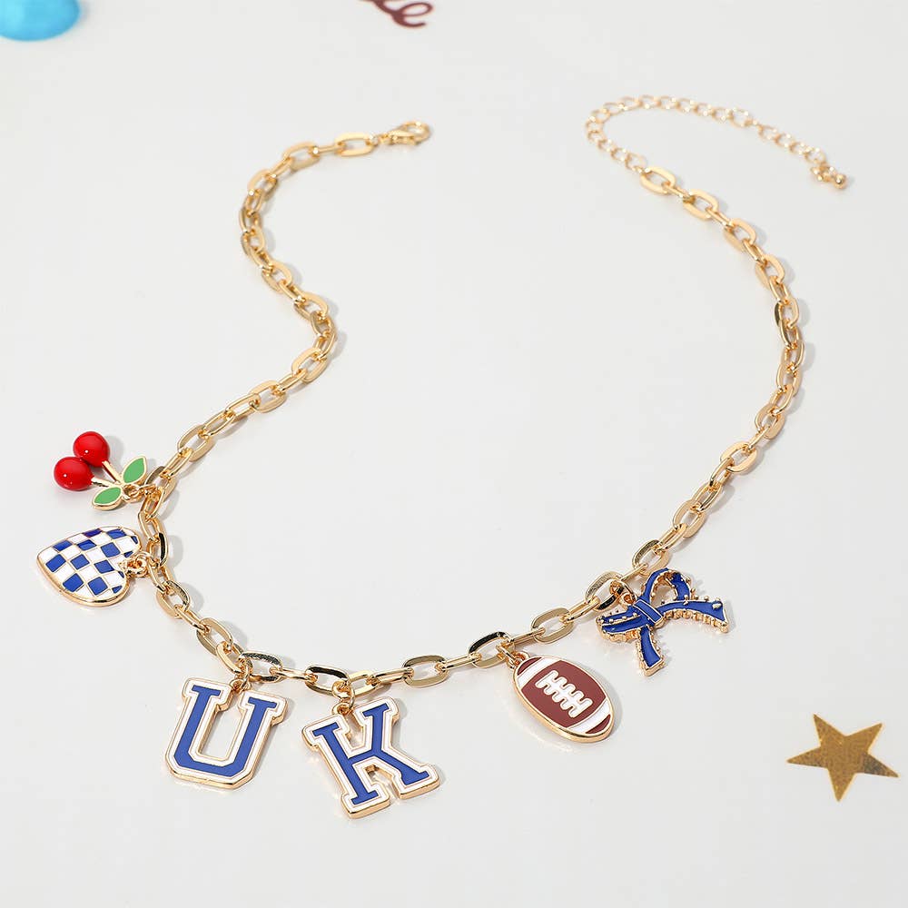 Football Theme Bow Cherry Heart Charm Station Necklace
