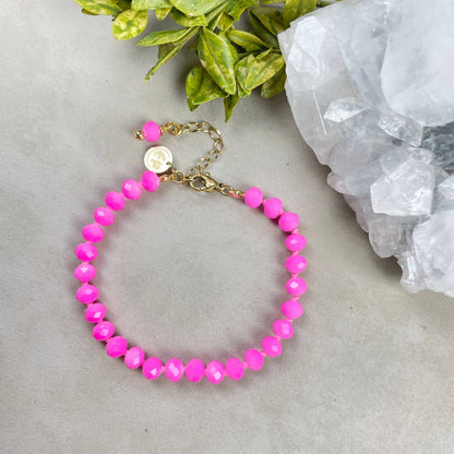 Barb// Hot Pink Neon Crystal Beaded Handknotted Bracelet