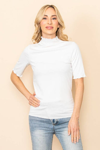 Mock Neck Merrow Detail Ribbed Half Sleeve Top