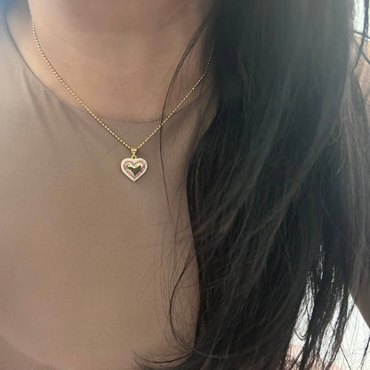 Small Heart Pave Pendant necklace pink glass beaded chain