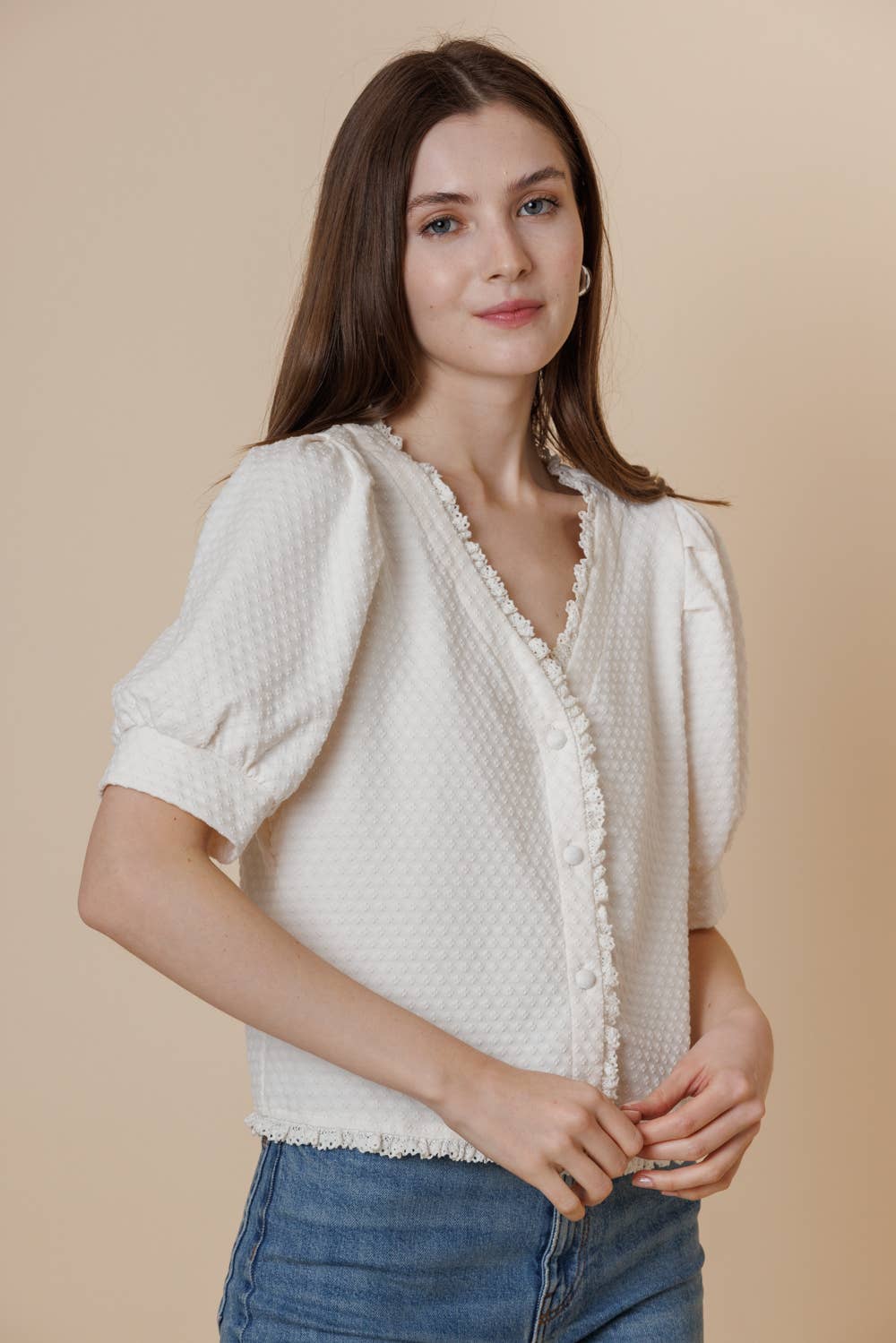 Textured Knit Puff Short Sleeve Button Blouse