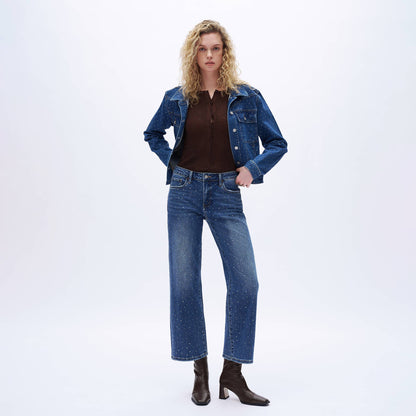 High Rise Rhinestone Wide Leg Ankle Jeans for Women OSWM8008