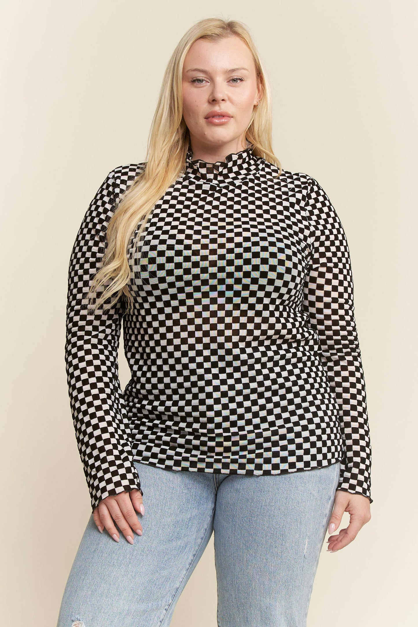 PLUS SIZE LONG SLEEVE CHECKERED MESH MOCK NECK TOP