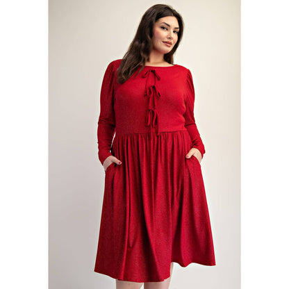 PLUS SIZE GLITTER KNIT FLARE DRESS WITH BOW DETAILS